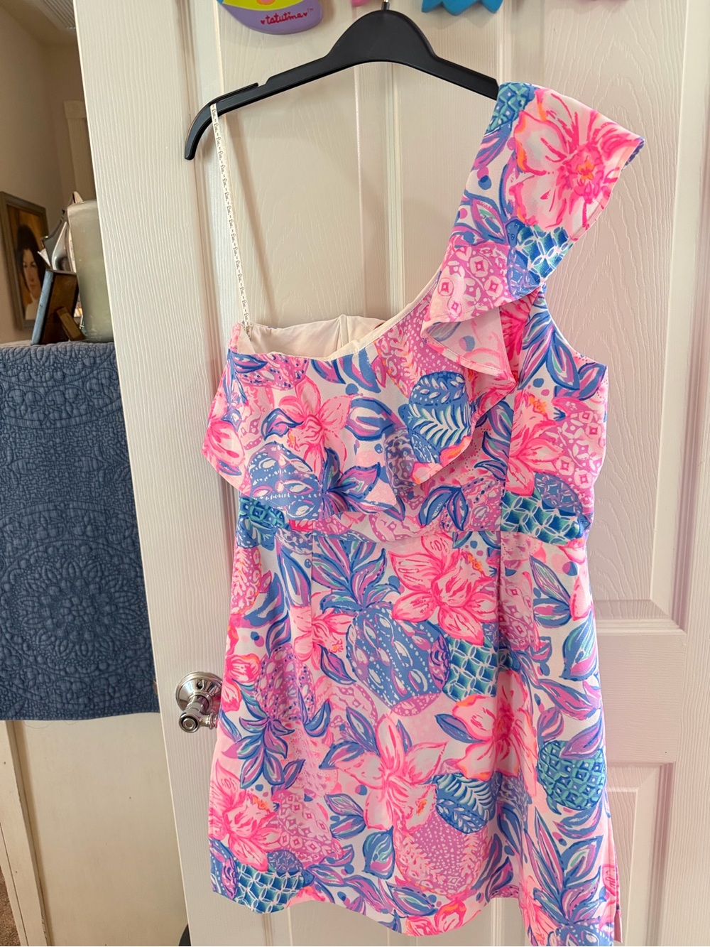 Lilly Pulitzer Pink Floral One-Shoulder Ruffle Shift Dress - Picture 8 of 10